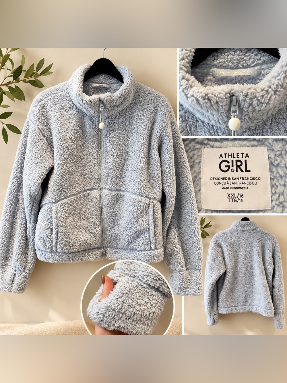 Athleta Girl Sherpa Fleece Jacket Light Blue Full Zip